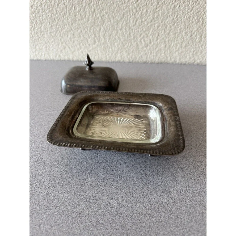 Vintage Silverplate Footed Butter Dish w/ Glass Insert Covered Butter Server 6”
